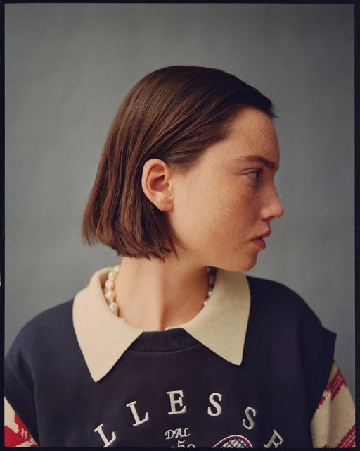 Profile of an adult woman with bobbed brown hair, wearing a vintage Ellesse sweatshirt with cream collar and pearl necklace against grey.