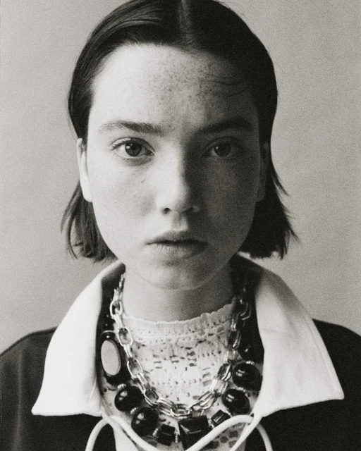 Headshot of a young woman with freckles and short dark hair, wearing a statement necklace, in a close-up studio portrait.