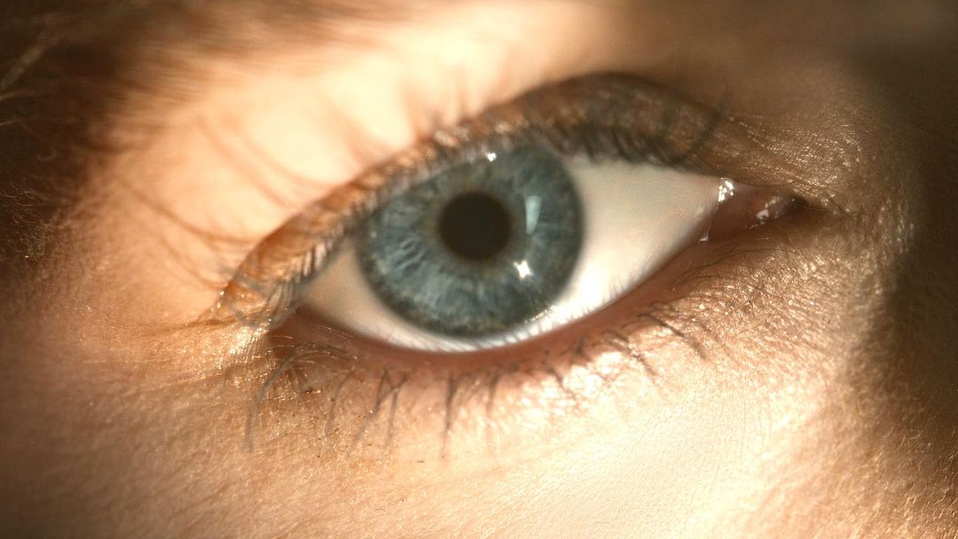 Close-up photograph of an adult female's eye with a blue iris, brown eyelashes, and skin highlighted with soft, warm lighting.