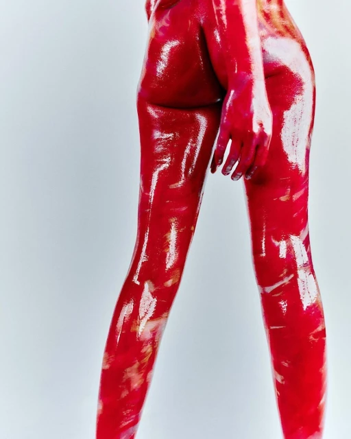 Back view of an adult female with a shiny, wet, red body paint effect, posing in front of a neutral, light background in a studio setting.