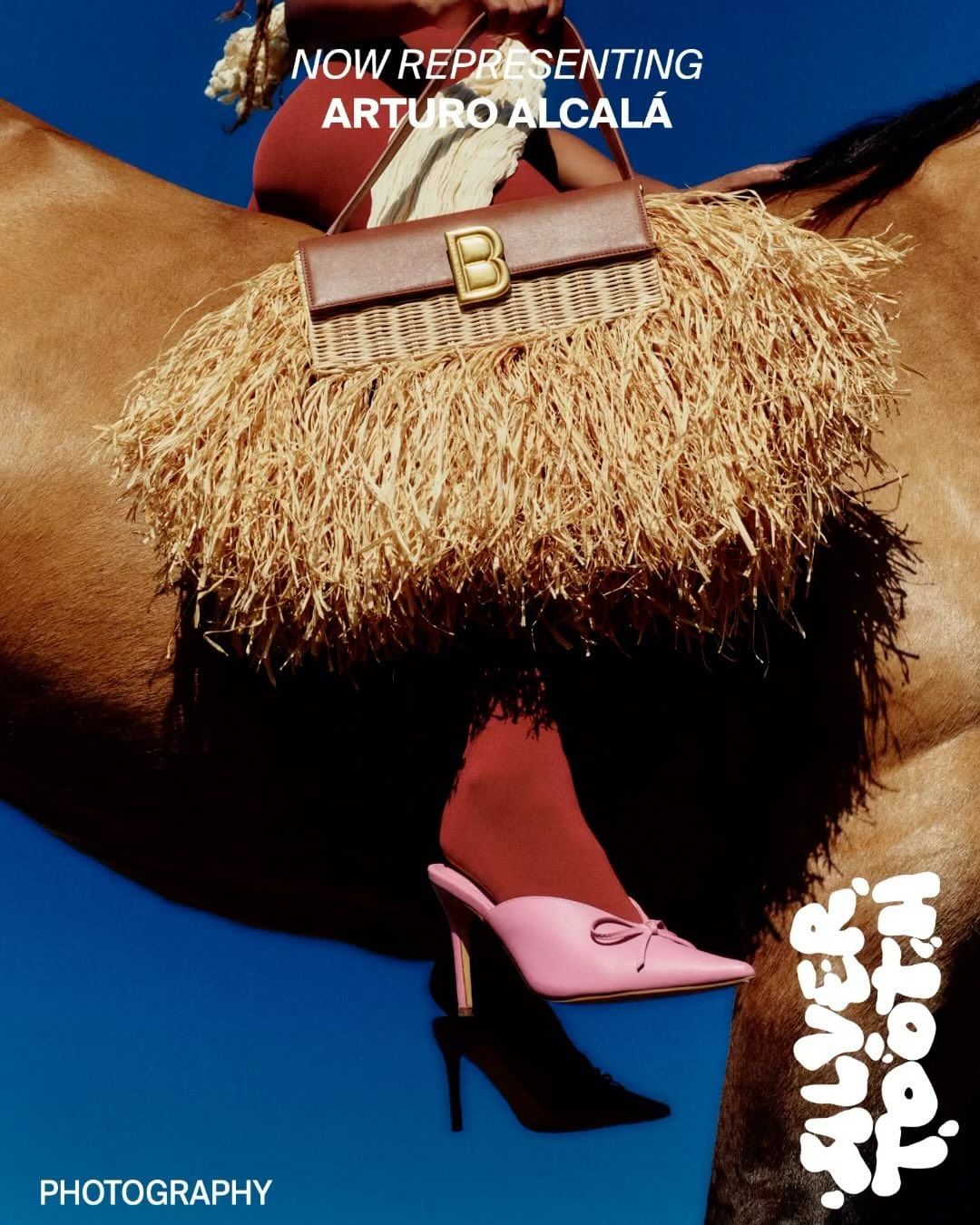 Fashion editorial shot of a woman riding a horse with a handbag and pink heels on a blue backdrop, showcasing photography and style.
