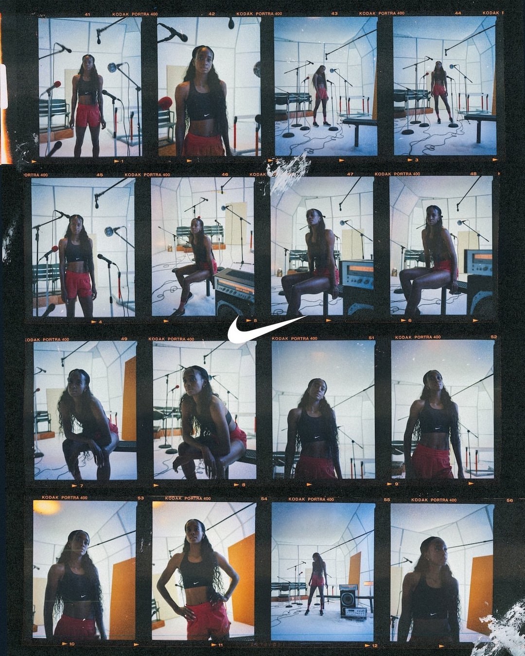 Athletic woman in workout gear poses in a music studio. Microphones and sound equipment visible. Grid of multiple film frames.