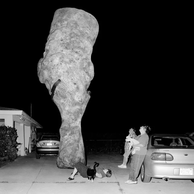 Black and white photograph of a large tree sculpture with figures, cars and a house in the background against a dark night sky.