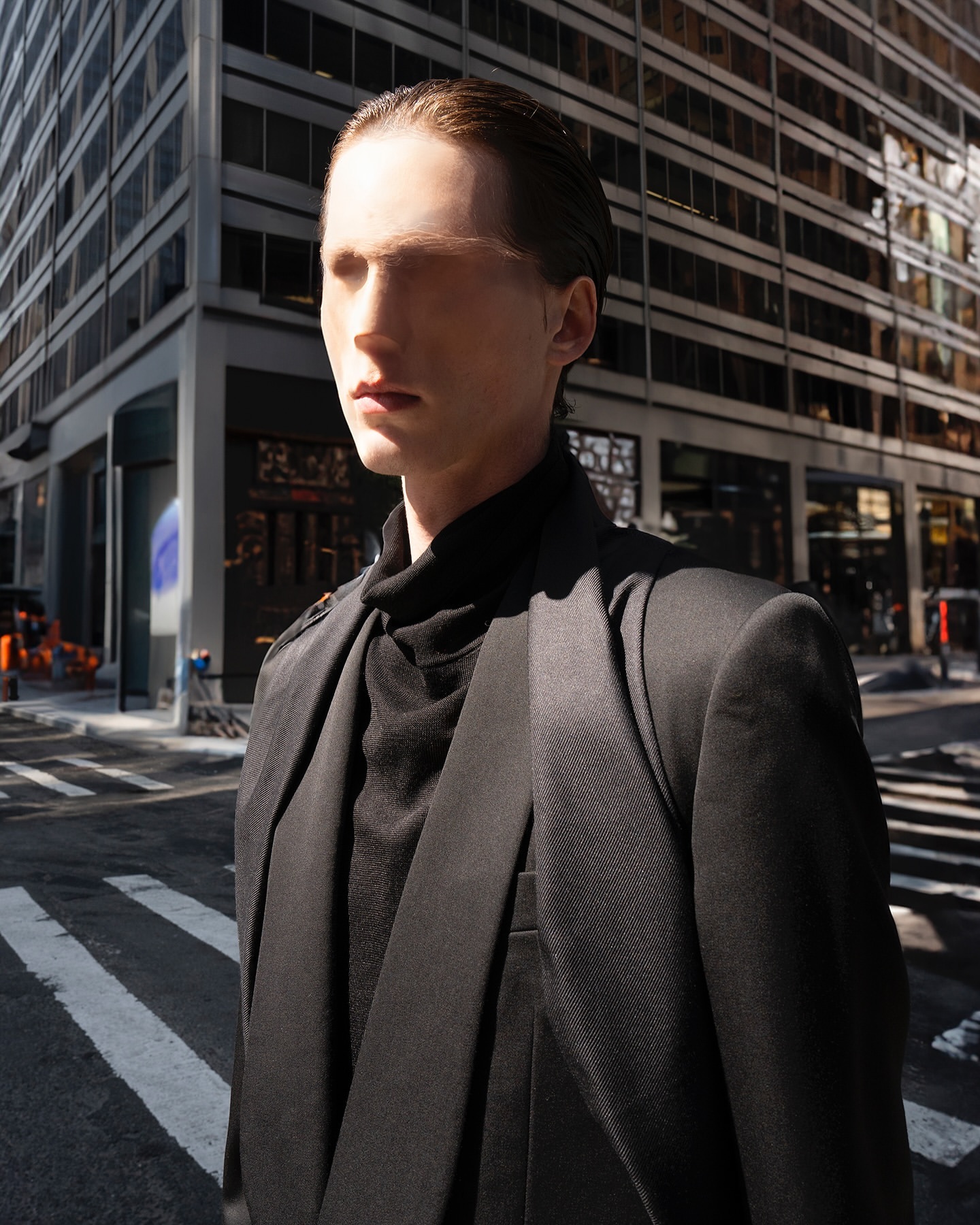 A person in a black suit stands on a city street in front of modern buildings. The background is blurred, focusing on the subject.