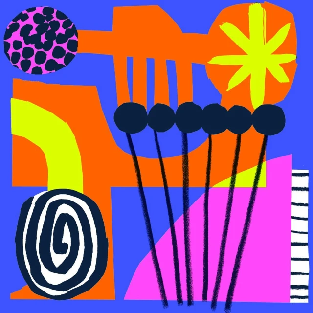 Abstract illustration featuring geometric shapes in bright colors like blue, orange, yellow, pink, and black and white, with organic shapes.