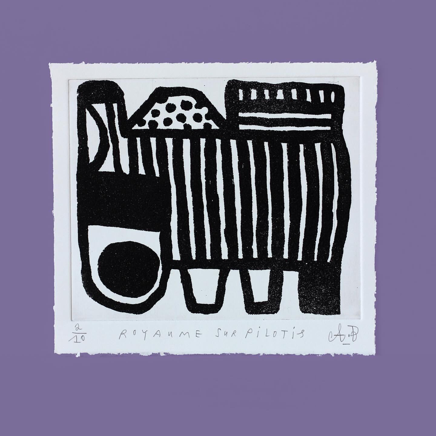 Abstract linocut print on paper with thick black lines and shapes, on a purple background, signed by A.P., graphic artwork.
