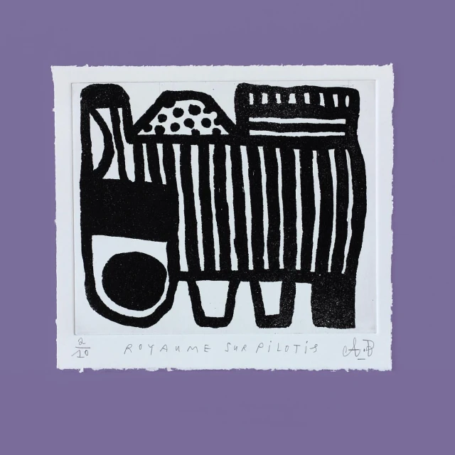 Abstract linocut print on paper with thick black lines and shapes, on a purple background, signed by A.P., graphic artwork.