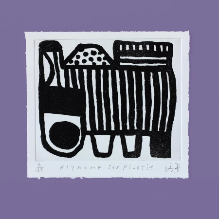 Abstract linocut print on paper with thick black lines and shapes, on a purple background, signed by A.P., graphic artwork.