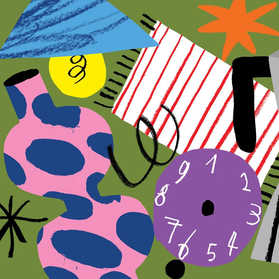 Vibrant abstract art featuring a pink spotted vase, purple clock, striped rug, and geometric shapes on a green background.