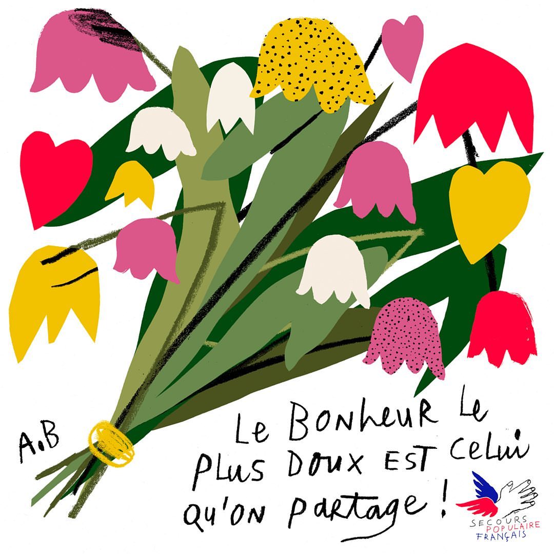 Digital painting illustration of a bouquet of colorful tulip flowers and heart shapes on white, with french text and a logo.