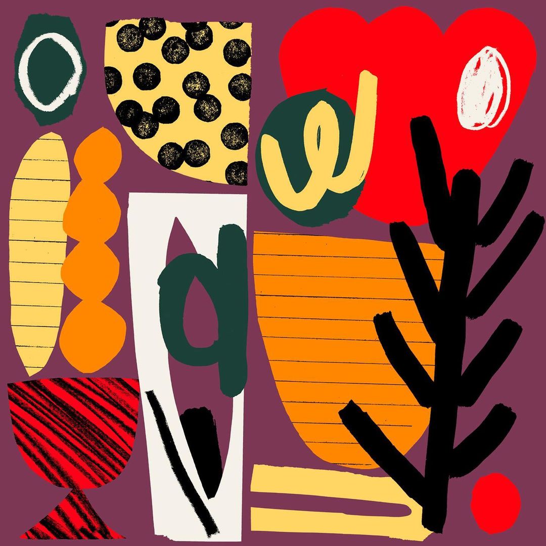 Abstract art features a red heart, yellow polka dots, and dark green shapes on a purple background. Playful, colorful, and modern design.