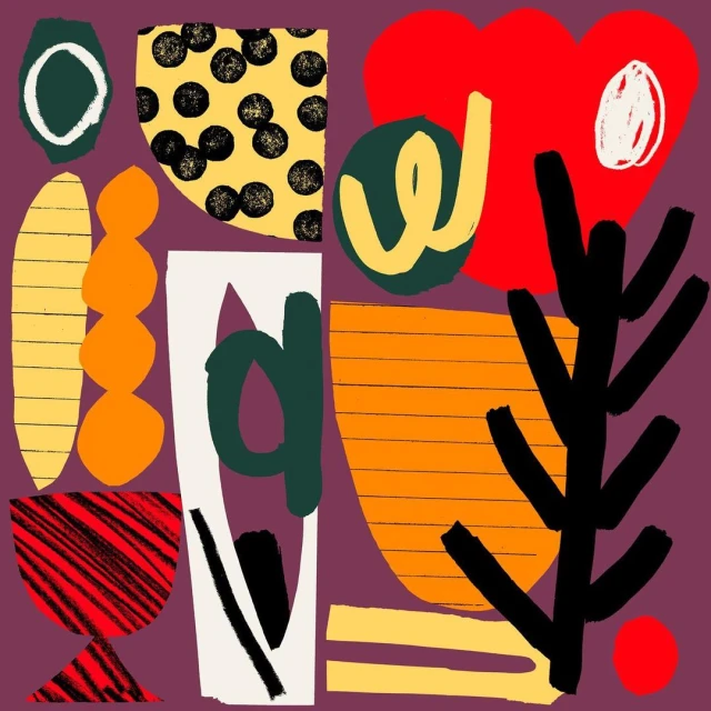 Abstract art features a red heart, yellow polka dots, and dark green shapes on a purple background. Playful, colorful, and modern design.