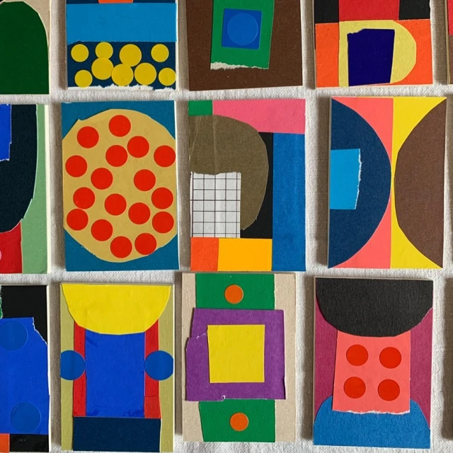 Colorful geometric collage art with squares, circles, and rectangles in blue, red, yellow, green, and brown on white background.