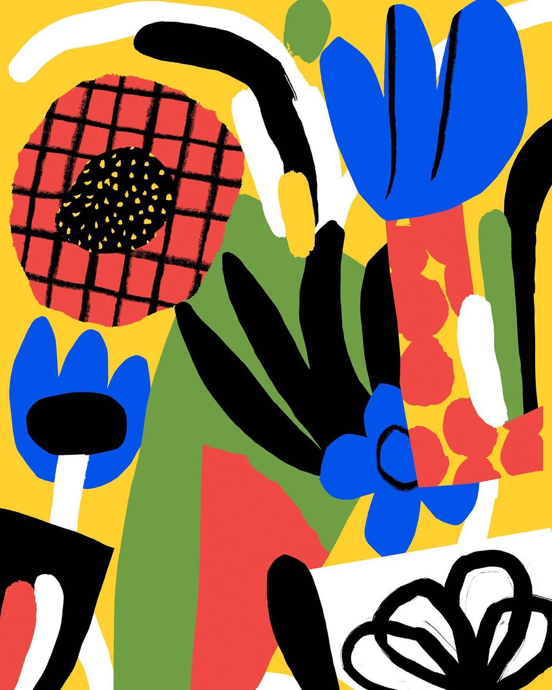 Abstract floral art illustration with vibrant blue, red, yellow, and black brush strokes forming stylized flowers and foliage.