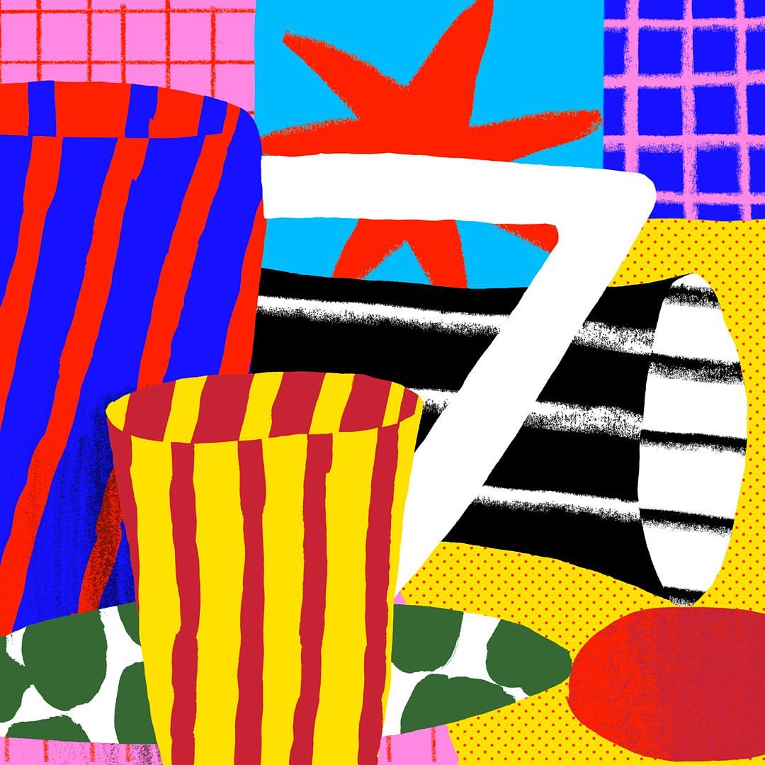 Abstract digital art featuring a composition of colorful geometric shapes and patterns in red, blue, yellow, green, black and white.