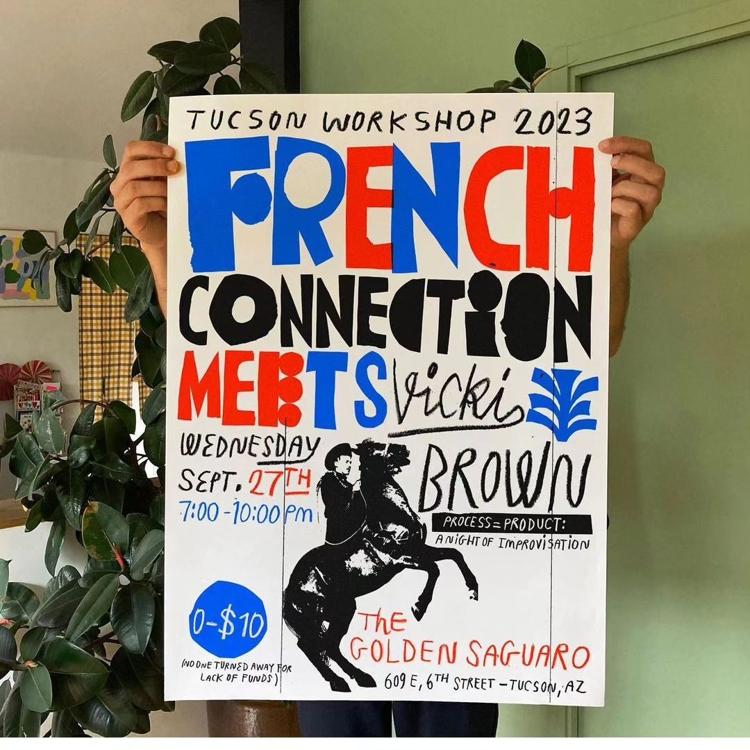 A poster advertises a 'French Connection Meets Vicki Brown' workshop in Tucson, Arizona, featuring an illustration of a rider on a horse.