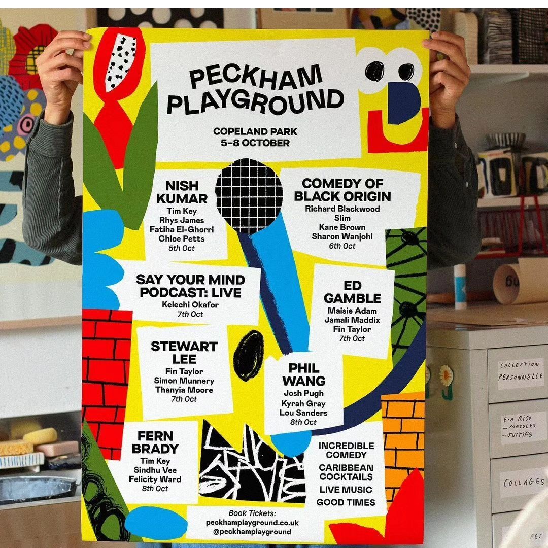 Person holding a Peckham Playground poster advertising a comedy festival with names of performers, dates, and event details.