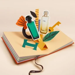 Papercraft illustration of two perfume bottles springing out from an open book with abstract shapes and cutouts