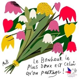 Colorful floral illustration by Atelier Bingo featuring stylized flowers and leaves with French text on a white background.