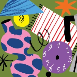 Abstract illustration by Atelier Bingo featuring a pink spotted vase, a purple clock, and colorful geometric shapes on a green background