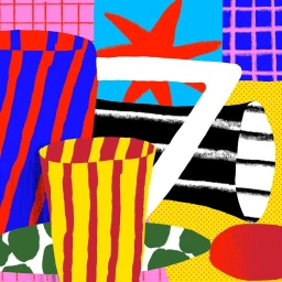 Colorful abstract illustration with geometric shapes, stripes, and bold primary colors by Atelier Bingo.