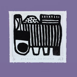 Black and white abstract print on deckle-edge paper featuring bold geometric patterns and shapes against a solid purple background.