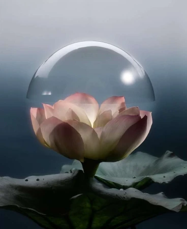 Close-up of a pink lotus flower with a clear bubble dome over it, highlighting its delicate petals and the surrounding green leaf.