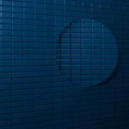 Close-up image of a dark blue tiled wall featuring a circular recessed element creating depth and shadow play.