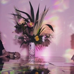 Large floral arrangement in a glass vase on a reflective table with soft colorful light patterns on the wall.