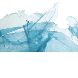 Abstract translucent blue plastic sheets torn and layered against a clean white background