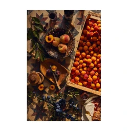 Overhead still life of fresh apricots, peaches, cherries, cheese, and wine on patterned tile