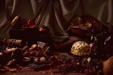 A dark still life arrangement with pears, lychees, mushrooms in a gelatin mold, and scattered purple flowers against draped fabric.