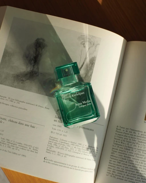 Overhead shot of a turquoise perfume bottle on an open book with blurred text and illustrations, with natural sunlight and shadow.