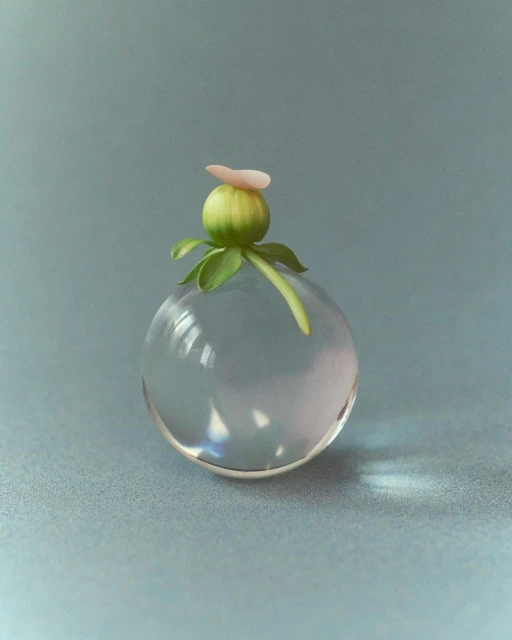 Close-up of a glass ball with a flower bud balanced on top, set against a smooth light blue background, creating a minimalist still life.