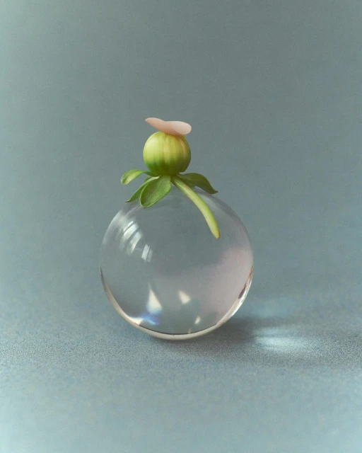 Closed blossom with green leaves and pale pink petal atop a crystal sphere on a serene blue backdrop, showcasing nature's elegance.