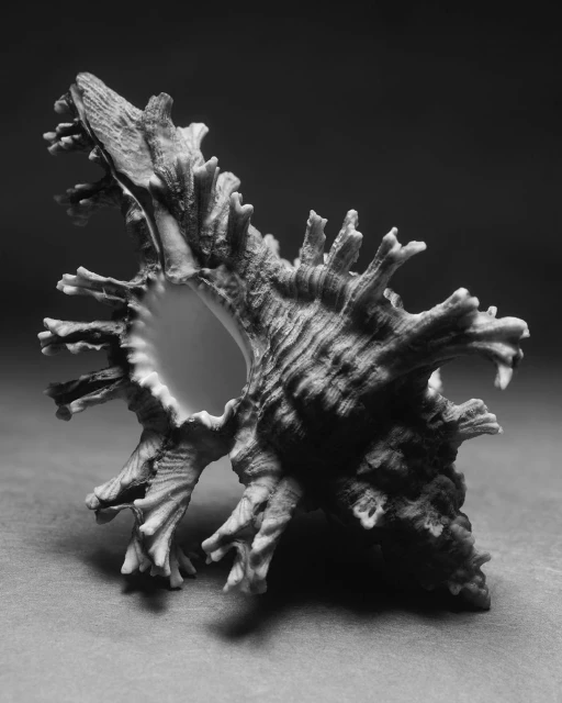 Monochrome photo of a spiky sea snail shell with a contrasting interior against a dark background. Studio lighting and composition.