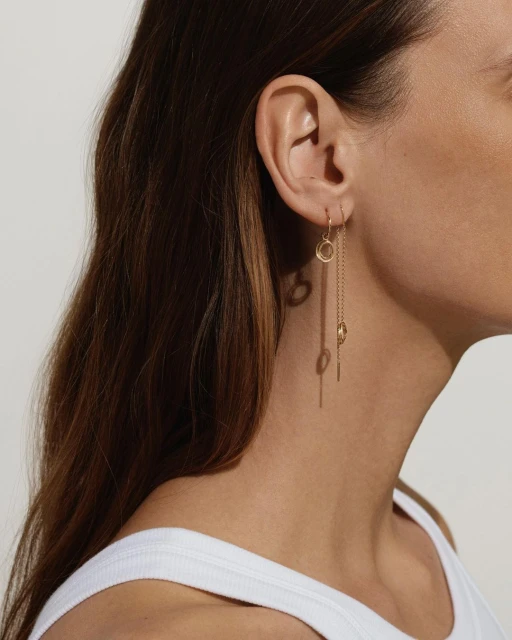 Close-up of a woman's ear wearing a gold threader earring, showcasing jewelry and fashion details against a neutral background.
