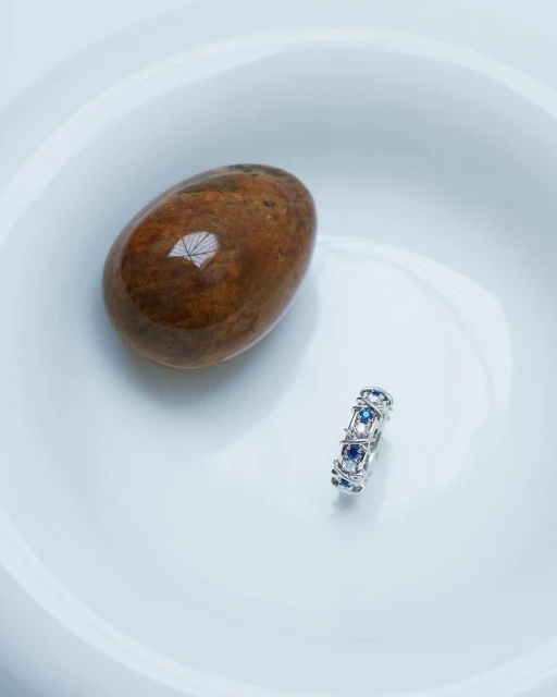 Close-up of an oval brown stone alongside a silver ring with blue and white gemstones, presented on a smooth white surface.