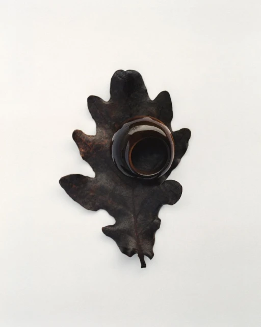 Overhead studio shot of a dark brown glazed ceramic ring holder sitting on a textured brown leaf against a clean white backdrop.