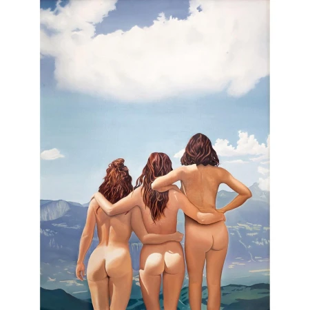 Oil painting of three nude women standing with arms around each other, overlooking a mountain range and cloudy blue sky. Art.