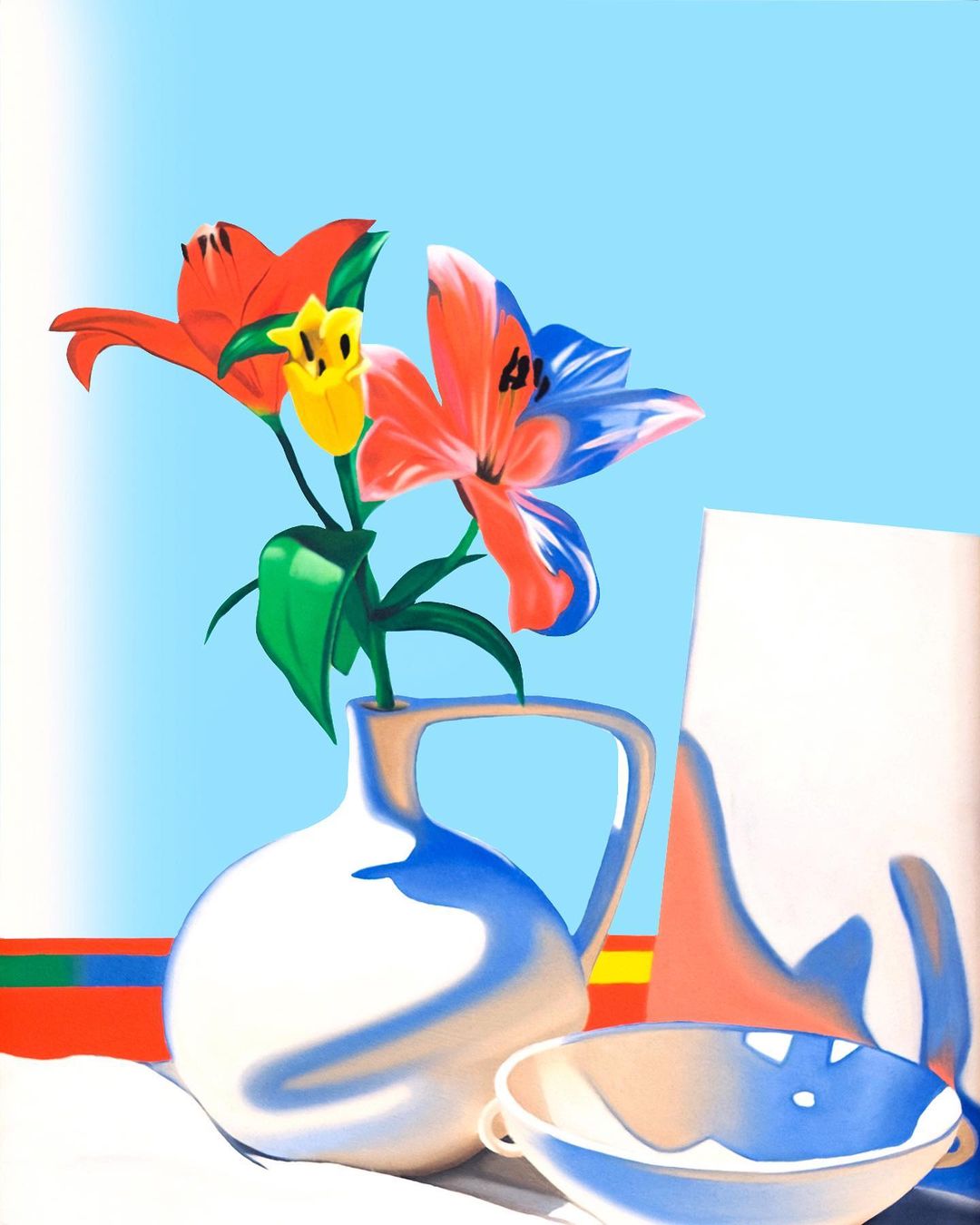 Vibrant still life painting featuring a white pitcher with orange lilies, set against a light blue background, accented by colorful geometric patterns.