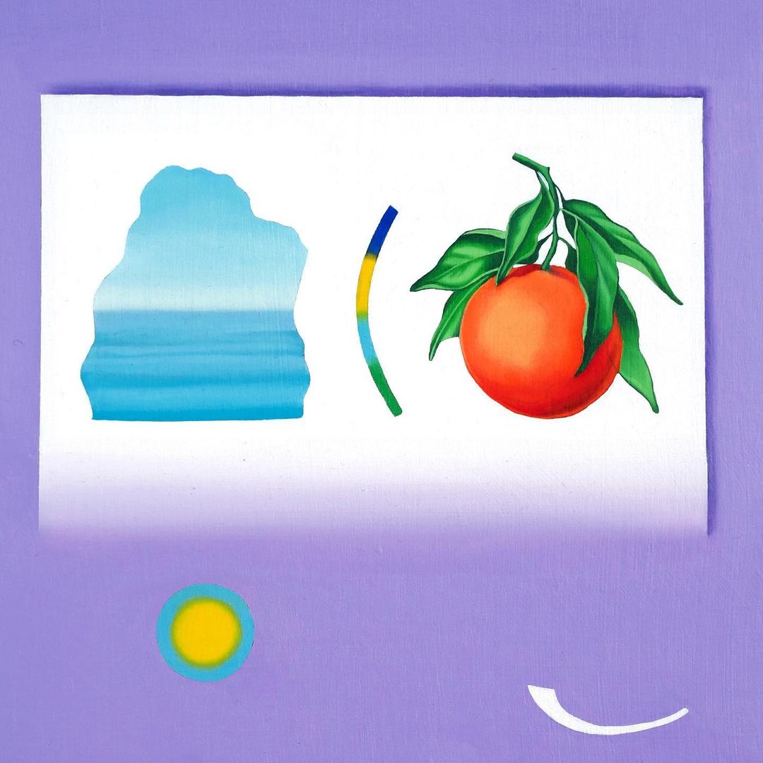 Abstract painting of an orange on a white canvas with blue and green shapes on a purple background, contemporary art.