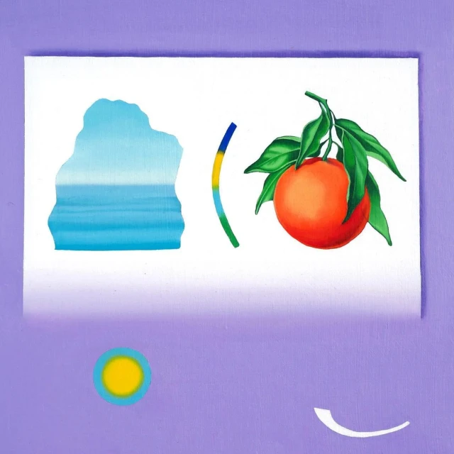 Abstract painting of an orange on a white canvas with blue and green shapes on a purple background, contemporary art.