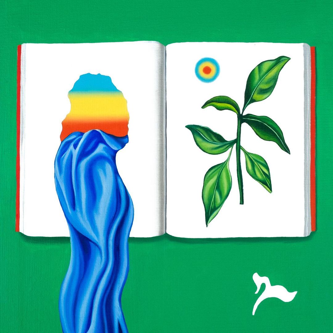 Illustration of an open book featuring a multicolored cascade design on one page and a plant illustration on the other, set against a green background.