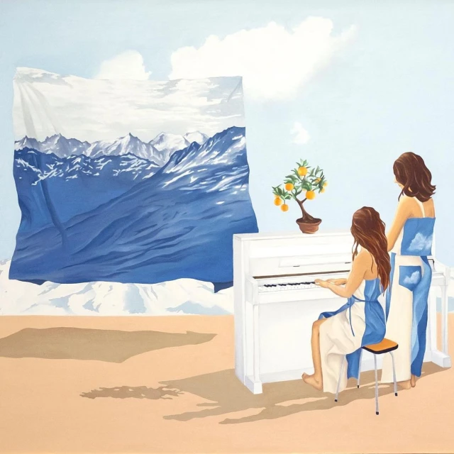 Artwork features two women near a white piano with an orange tree, against a blue sky backdrop and mountain scenery. 