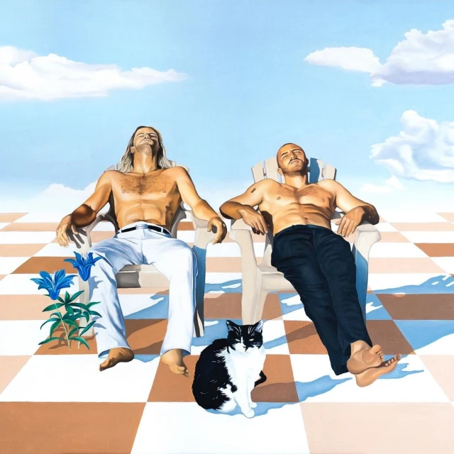 Two shirtless men relaxing in lawn chairs in the sun, with a black and white cat seated in front on a checkered surface.