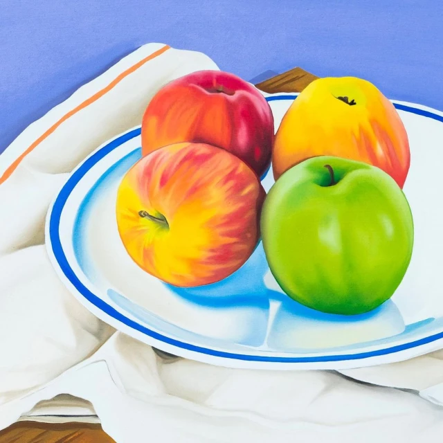 Still life painting of four colorful apples arranged on a white plate with a blue rim, set against a soft blue backdrop.