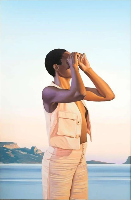 Elegant art piece showing an African American female figure by the sea, wearing modern pink vest and slacks, gazing through hand binoculars.
