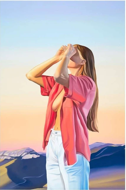 Illustration of a woman in a pink shirt and white pants standing against a gradient sky with mountainous silhouettes, artful and serene.