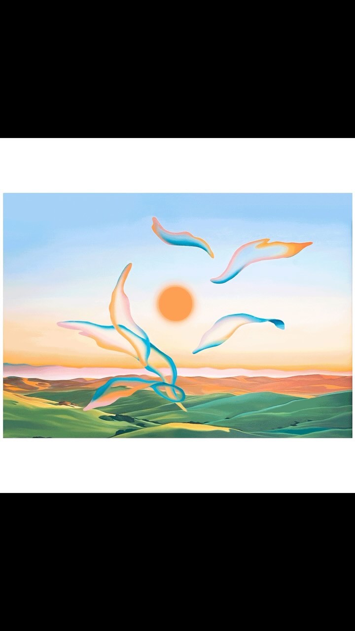 Abstract landscape illustration featuring green hills, a sunset, and floating ethereal elements in pastel colors creating a dreamlike scene.